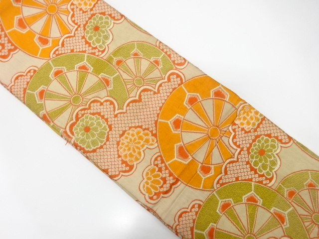 JAPANESE KIMONO / ANTIQUE OBI FOR KIDS / WOVEN GENJIGURUMA & KIKU & HITTA CLOUDS